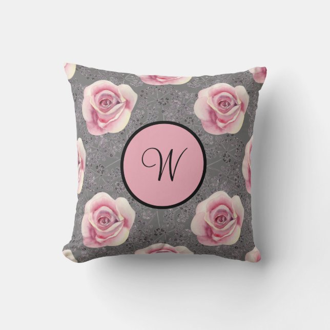 Monogram rosa rosor grå bakgrund kudde (Framsida)