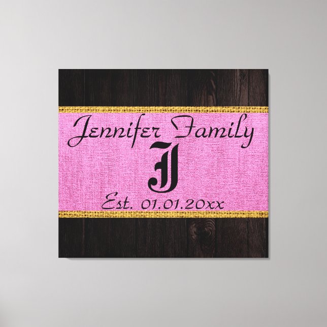 Monogram Rosa Rustic Burlap Linen Wood-utseende Canvastryck (Framsida)