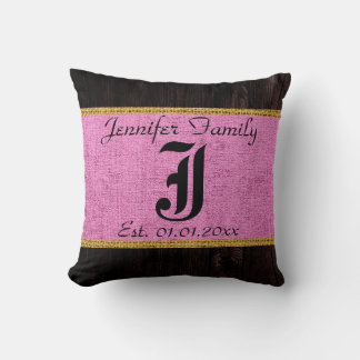 Monogram Rosa Rustic Burlap Linen Wood-utseende Kudde