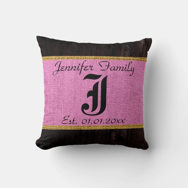 Monogram Rosa Rustic Burlap Linen Wood-utseende Kudde (Framsida)