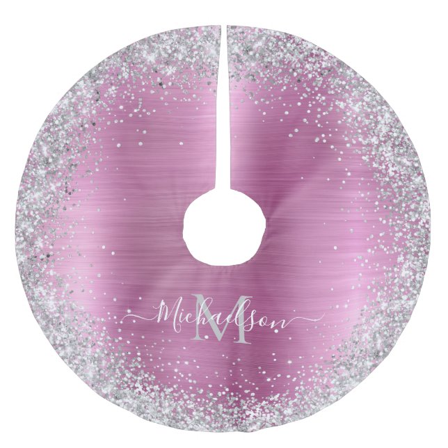 Monogram Rosa Silver Glitter Girly Glam Julgransmatta Borstad Polyester (Framsidan)