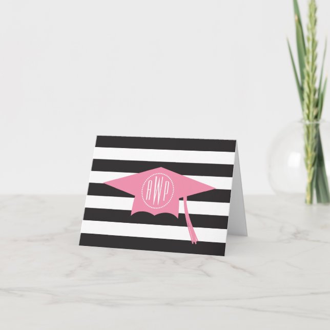 Monogram Rosa Studentmössa + Black Rand Anteckningskort (Framsida)