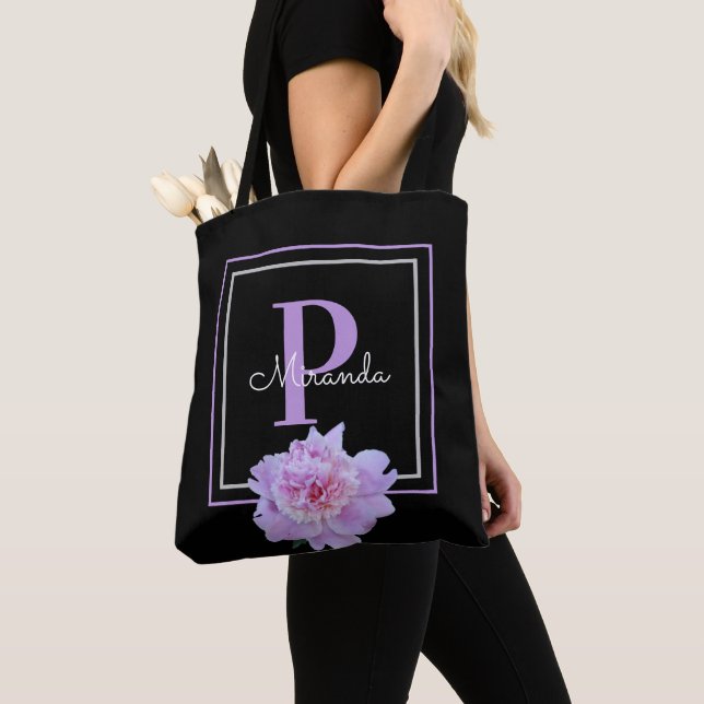 Monogram Rosa, svart, modern Tygkasse (Närbild)