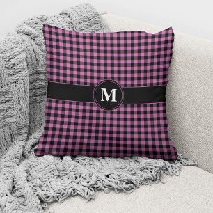 Monogram Rosa Svart Rutigt Randigt Mönster Kudde