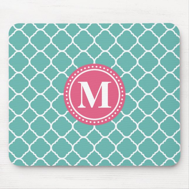 Monogram Rosa Teal Blue Quatrefoil Mönster Musmatta (Framsidan)