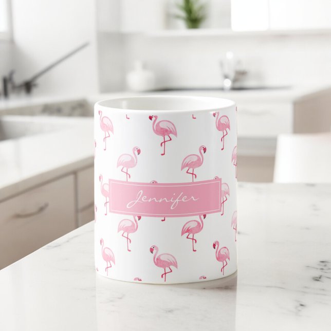 Monogram Rosa Tropical Flamingo Möntern på vit Kaffemugg (Skapare uppladdad)