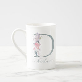 Monogram  Rosa Vattenfärgen Blommigt Brev D Benporslin Mugg
