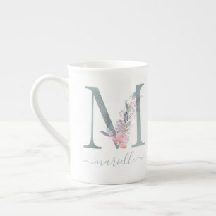 Monogram Rosa Vattenfärgen Blommigt Brev M Benporslin Mugg