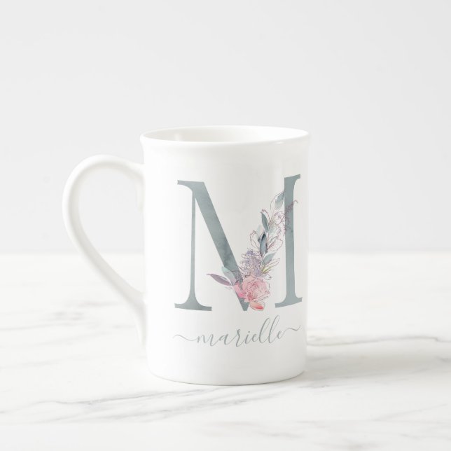 Monogram  Rosa Vattenfärgen Blommigt Brev M Benporslin Mugg (Vänster)