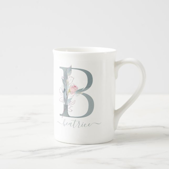 Monogram  Rosa Vattenfärgsfärg Blommigt Brev B Benporslin Mugg (Höger)