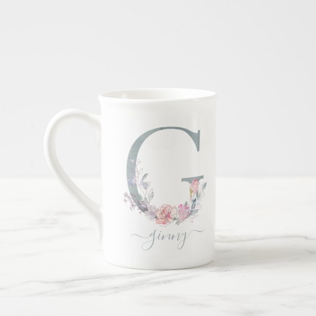 Monogram  Rosa Vattenfärgsfärg Blommigt Brev G Benporslin Mugg (Vänster)