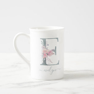 Monogram Rosa Vattenfärgsfärg Blommigt E Benporslin Mugg