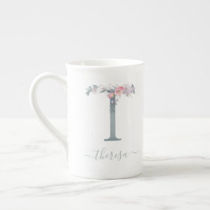 Monogram  Rosa Vattenfärgsfärg Blommigt T Benporslin Mugg