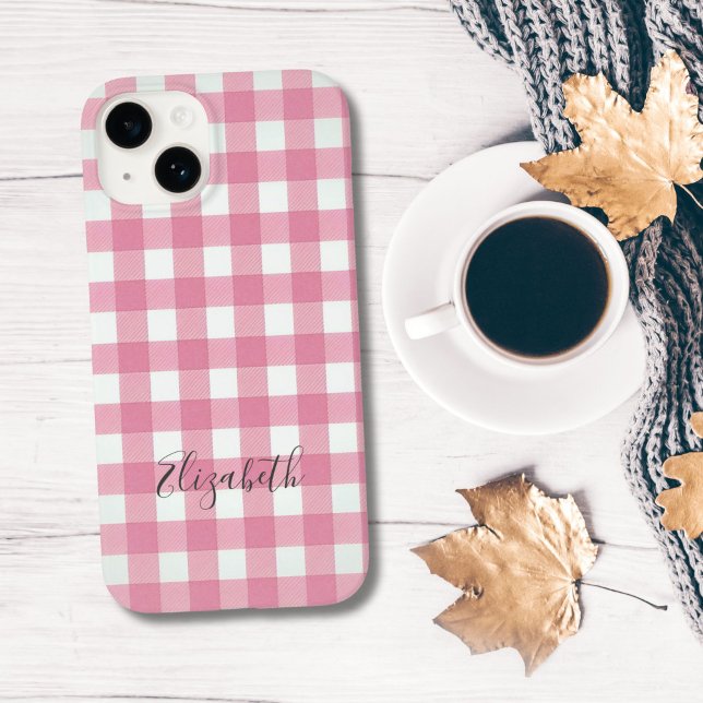 Monogram Rosa Vit Gingham Buffalo Rutig Check (Pink White Gingham Plaid Monogrammed Name iPhone case)