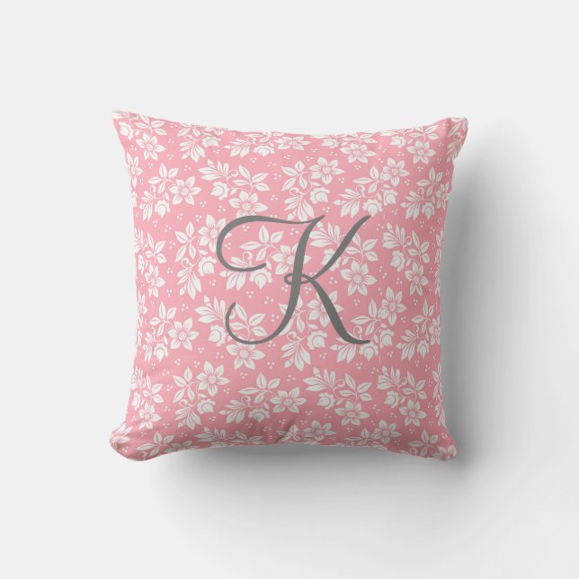 Monogram Rosa Vit Grå Blommig Botanisk Kudde (Framsida)