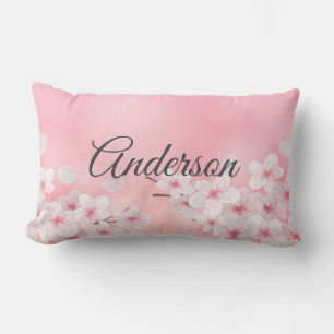 Monogram Rosa Vit Körsbärsblom Floral Blommor Lumbarkudde