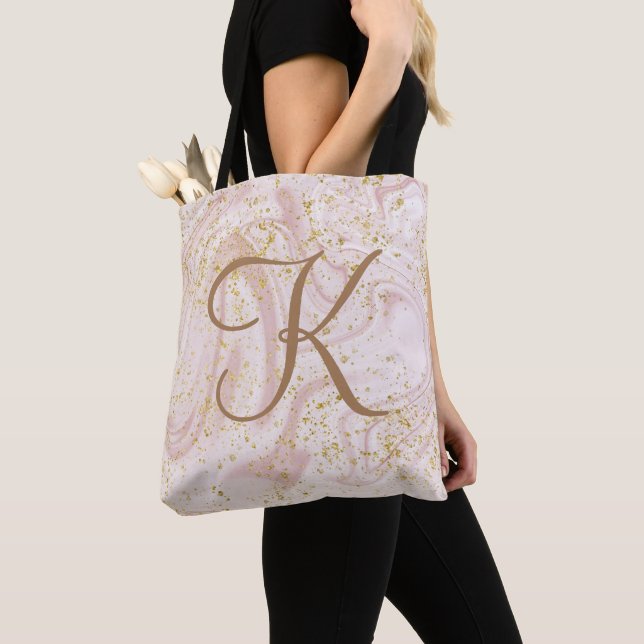  Monogram Rosa Vit Marmor Virvel Guld Glitter  Tygkasse (Närbild)