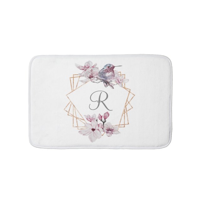 Monogram Rosa Vita Magnolior Fågel Guld Ram  Badrumsmatta (Framsidan)