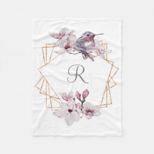 Monogram Rosa Vita Magnolior Fågel Guld Ram Fleecefilt
