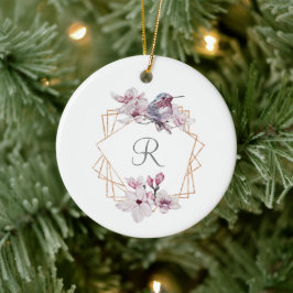 Monogram Rosa Vita Magnolior Fågel Guld Ram Julgransprydnad Keramik