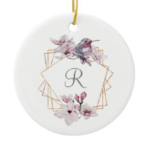 Monogram Rosa Vita Magnolior Fågel Guld Ram