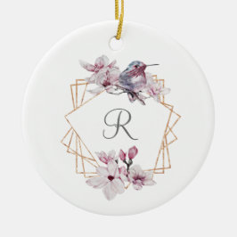 Monogram Rosa Vita Magnolior Fågel Guld Ram Julgransprydnad Keramik