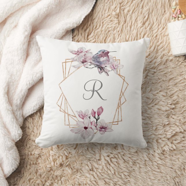 Monogram Rosa Vita Magnolior Fågel Guld Ram Kudde (Filt)