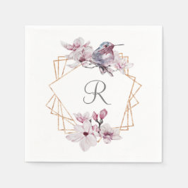 Monogram Rosa Vita Magnolior Fågel Guld Ram Pappersservett
