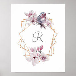 Monogram Rosa Vita Magnolior Fågel Guld Ram Poster