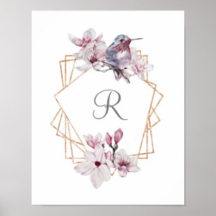 Monogram Rosa Vita Magnolior Fågel Guld Ram Poster