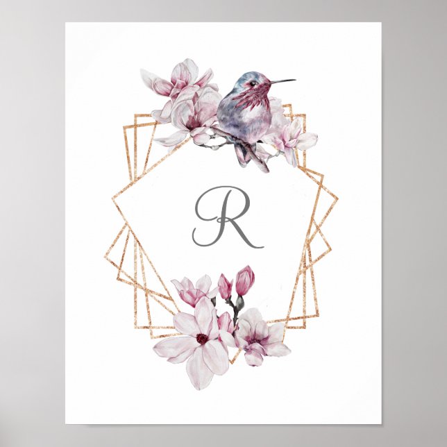 Monogram Rosa Vita Magnolior Fågel Guld Ram  Poster (Framsidan)