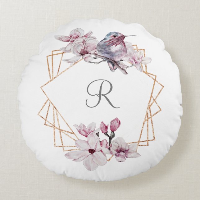Monogram Rosa Vita Magnolior Fågel Guld Ram Rund Kudde (Framsidan)