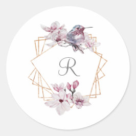 Monogram Rosa Vita Magnolior Fågel Guld Ram Runt Klistermärke
