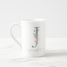 Monogram  Rosa Watercolor Blommigt Brev J Benporslin Mugg
