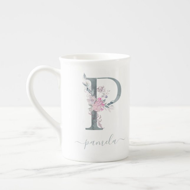 Monogram  Rosa Watercolor Blommigt Brev P Benporslin Mugg (Vänster)