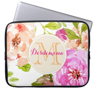 Monogram Rosa Watercolor-Blommigt Laptop Fodral