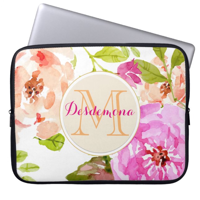 Monogram Rosa Watercolor-Blommigt Laptop Fodral (Framsidan)