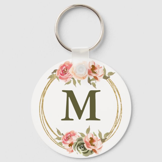 Monogram Rosa Watercolor-Blommigt Nyckelring (Framsida)