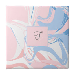Monogram Rosa White Blue Marble Swirl Abstrakt Kakelplatta