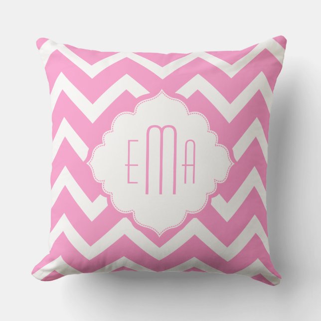Monogram Rosa & White Geometric Zigzag Chevron Kudde (Framsida)