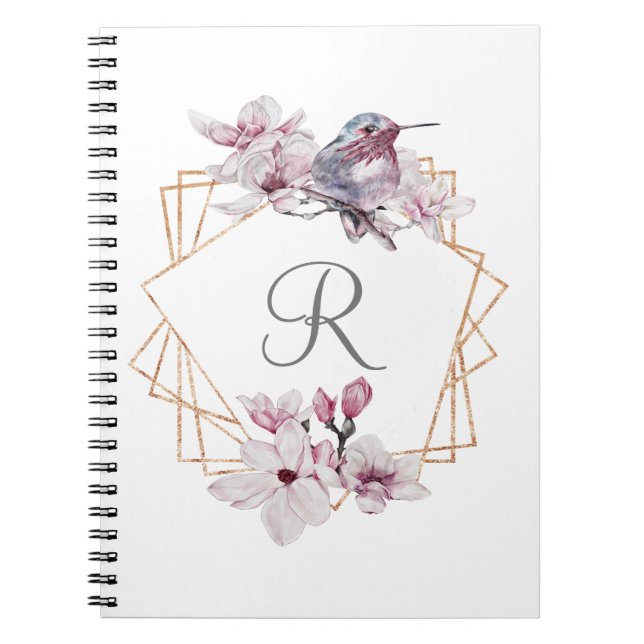 Monogram Rosa White Magnolias Bird Guld Ram Anteckningsbok (Framsidan)