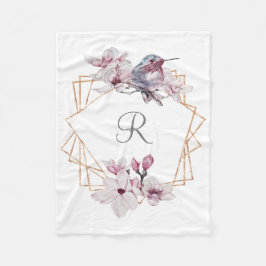 Monogram Rosa White Magnolias Bird Guld Ram Fleecefilt