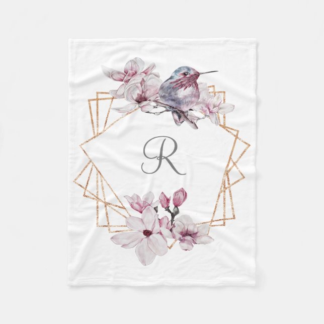 Monogram Rosa White Magnolias Bird Guld Ram Fleecefilt (Framsidan)