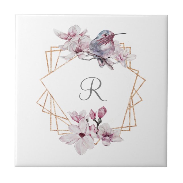 Monogram Rosa White Magnolias Bird Guld Ram Kakelplatta (Framsidan)