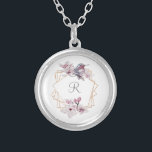 Monogram Rosa White Magnolias Bird Guld Ram Silverpläterat Halsband<br><div class="desc">Anpassa elegantens rosa vit och grått guld ram med magnolias halsband med ditt initiala. Elegant och söt.</div>