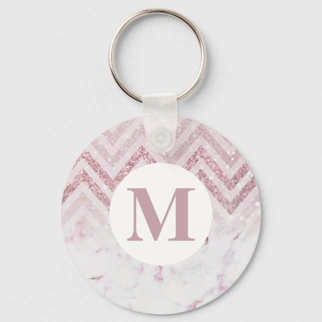 Monogram Rosa White Marble Personalize Namn Nyckelring (Framsida)