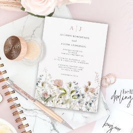 Monogram Rosa Wildblomme Blommigt Bröllop Inbjudningar