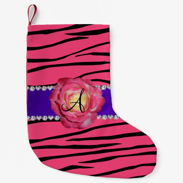 Monogram rosa zebra ränder rosa ros liten julstrumpa (Framsidan)
