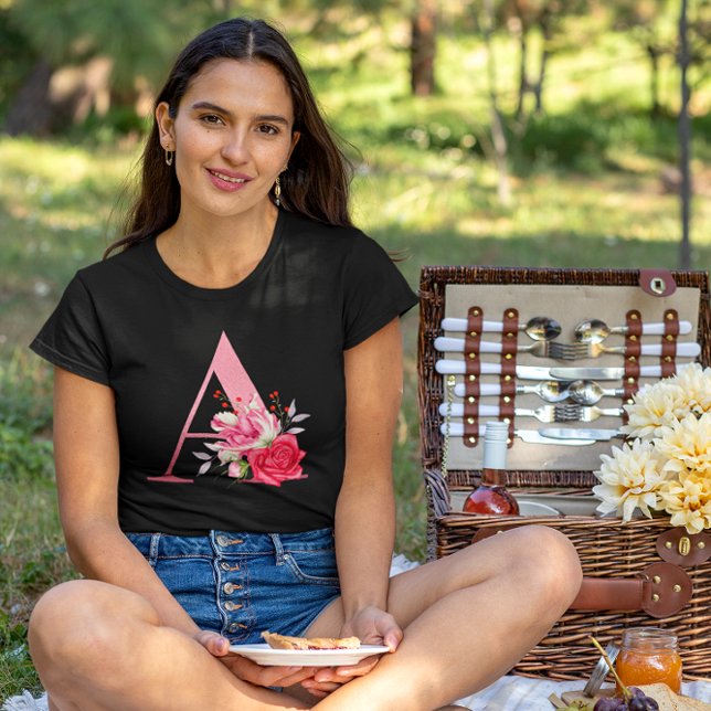 Monogram Roséguld Alfabet A Akvarell Blommor T Shirt (Skapare uppladdad)