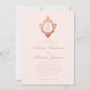 Monogram roséguld blommig vapensköld rosafärgat br inbjudningar